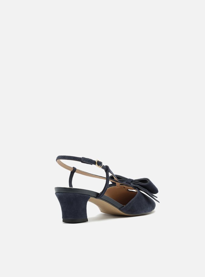Scarpin Azul Camurça Salto Baixo Slingback Laço