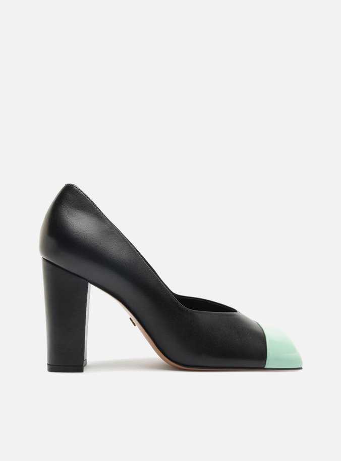 Scarpin Preto Salto Bloco Cap Toe Verde
