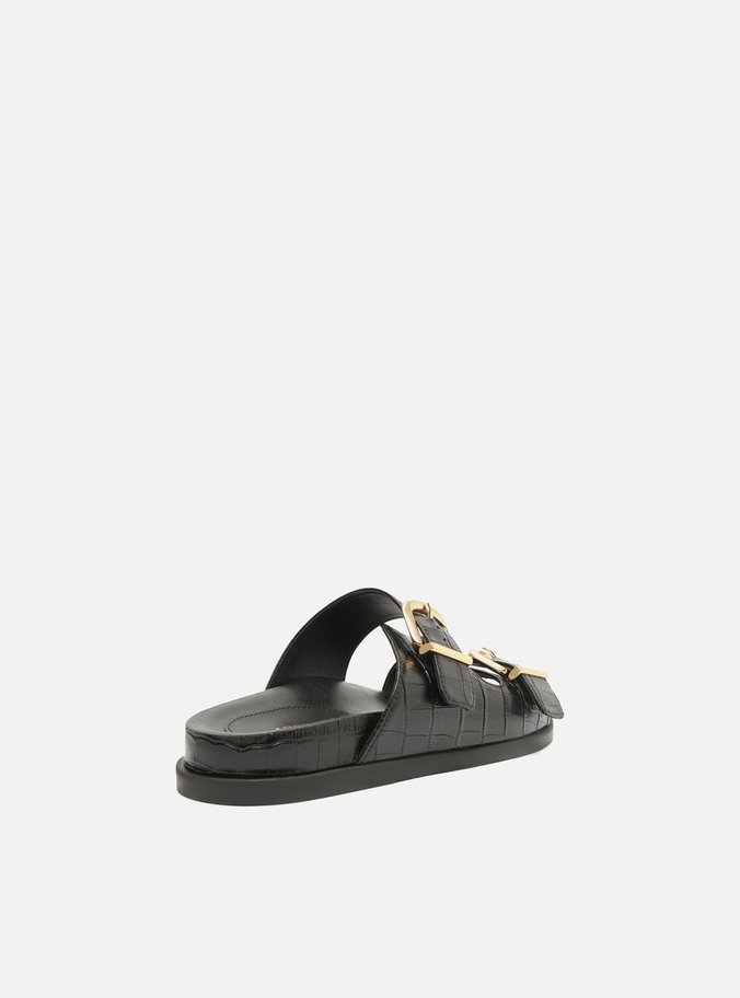Sandália Papete Preta Croco Flatform Fivelas