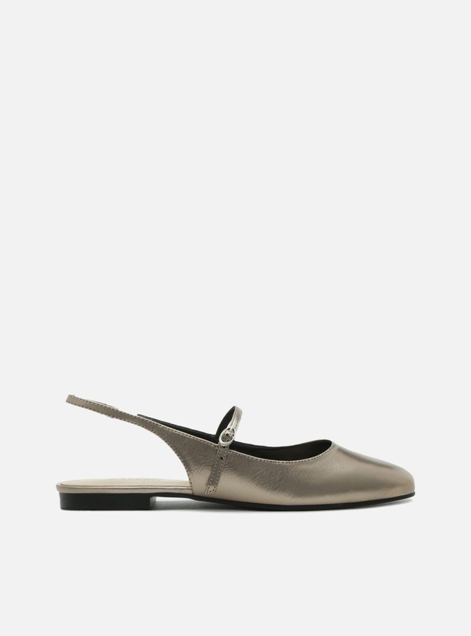 Sapatilha Boneca Dourada Couro Tira Slingback