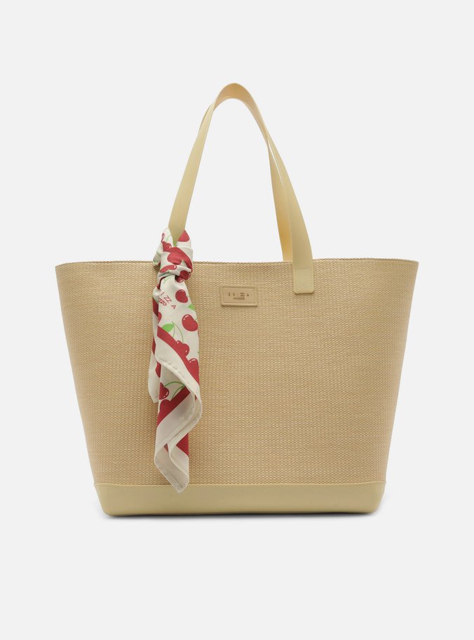 Bolsa Shopping Bege Ráfia Grande Lenço Cereja