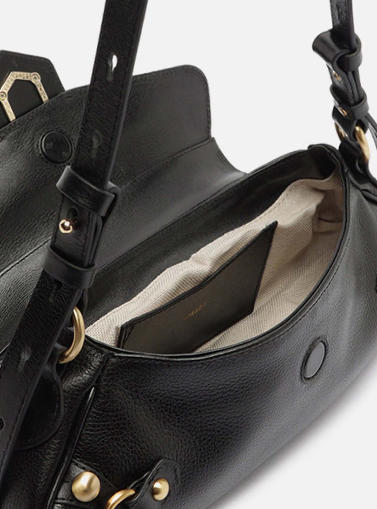 Bolsa Shoulder Preta Couro Grande Alongada Metais — foto 4