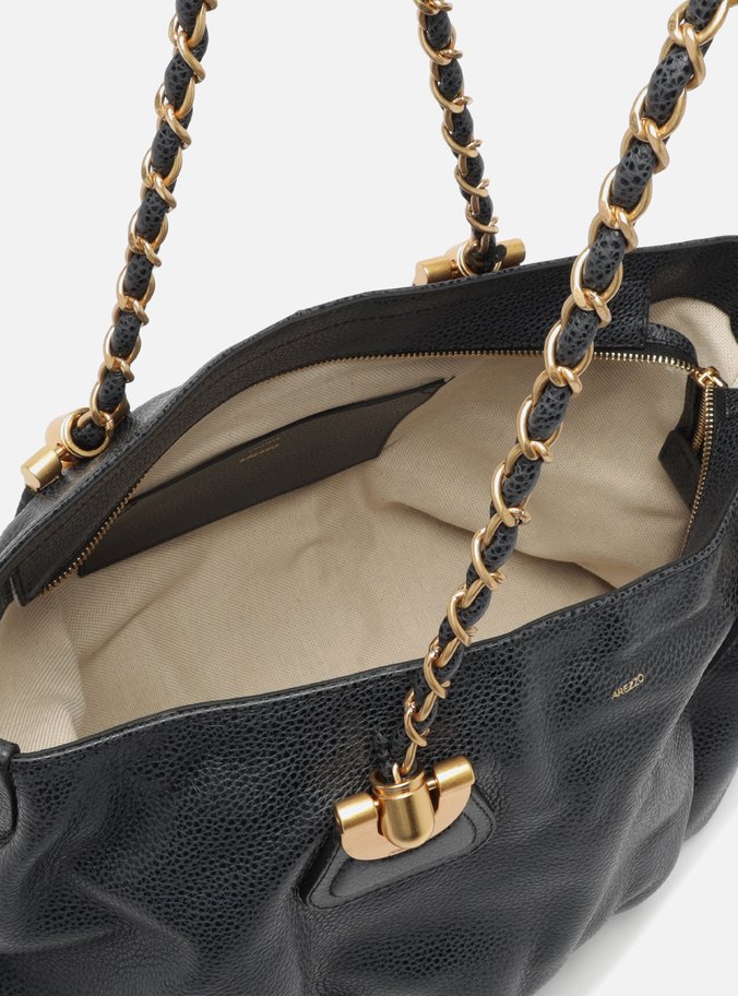 Bolsa Shopping Preta Couro Grande Franzida