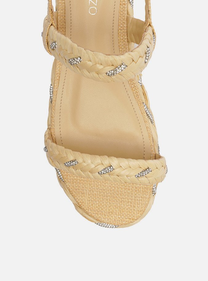 Sandália Bege Palha Trançada Flatform Strass