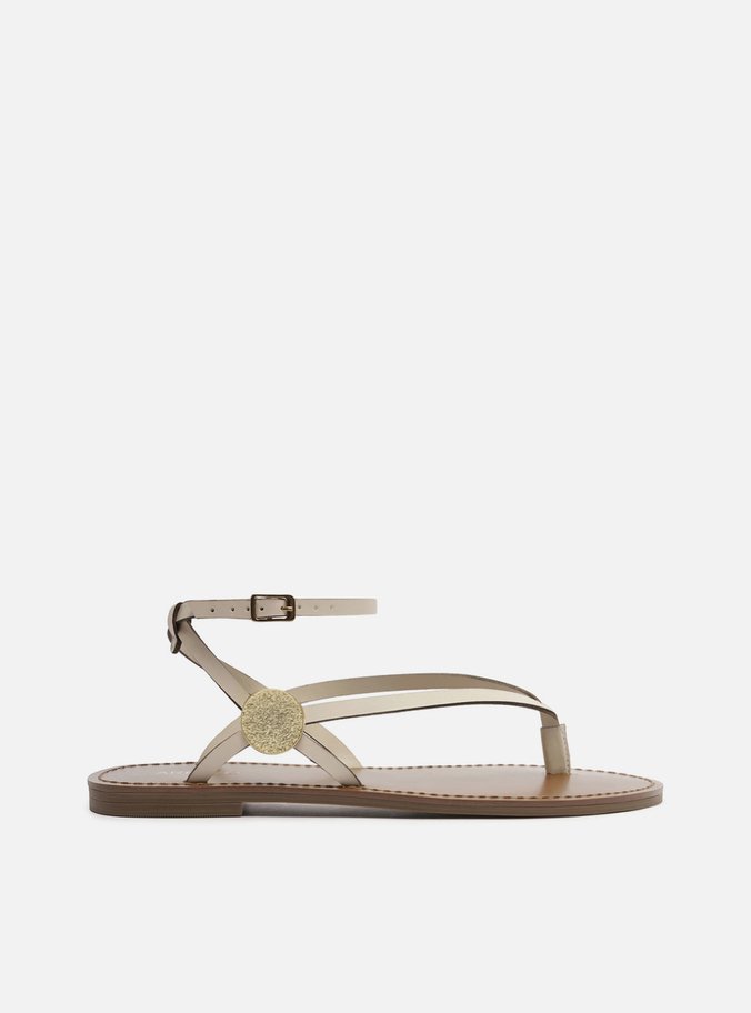 Sandália Rasteira Off White Couro Metal Texturizado