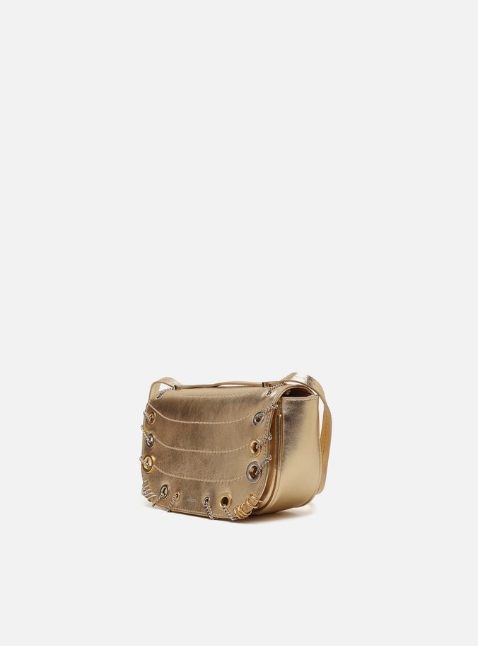 Bolsa Tiracolo Dourada Couro Pequena Costuras Metais