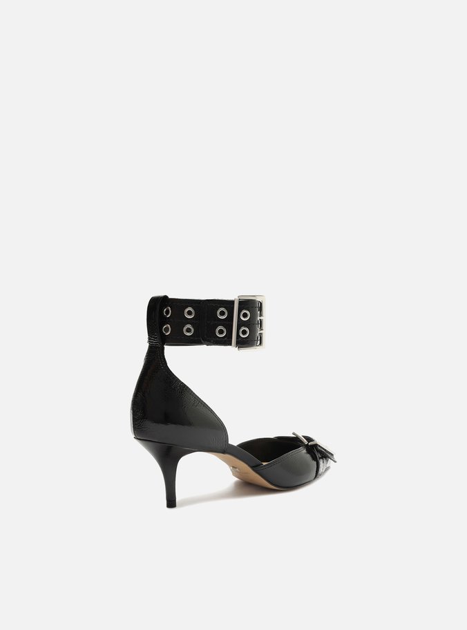 Scarpin Preto Verniz Ankle Strap Fivelas