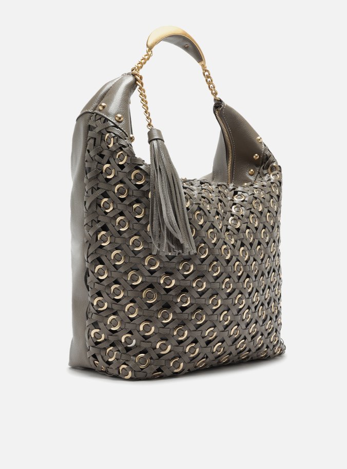 Bolsa Hobo Cinza Couro Tressê Metais Grande