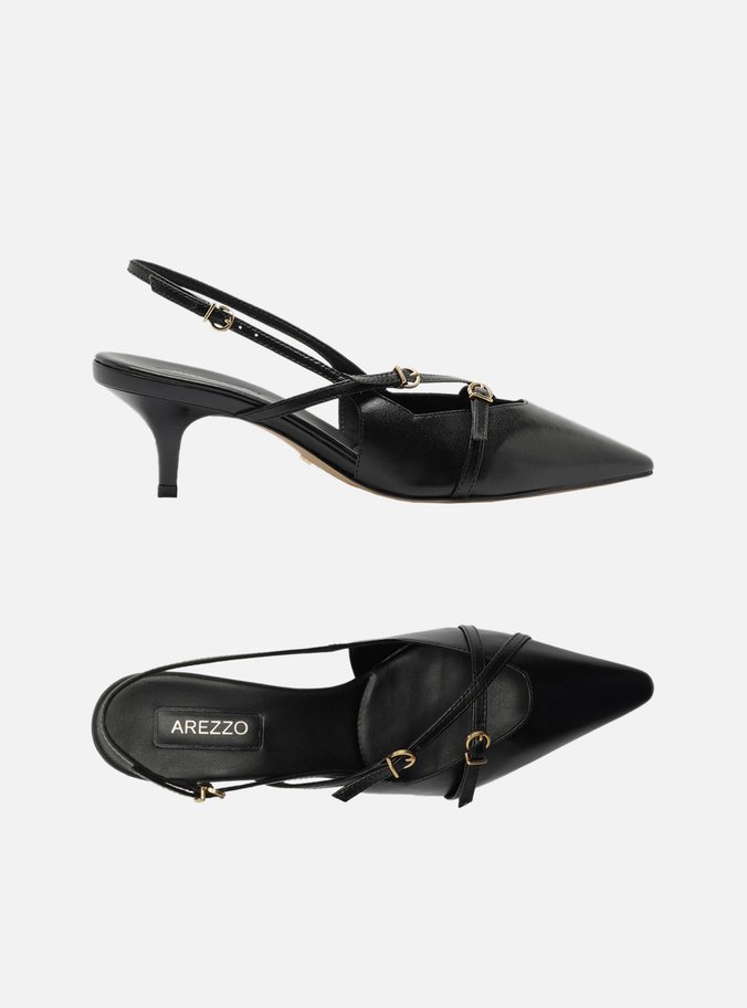 Scarpin Preto Couro Salto Médio Slingback Amélia