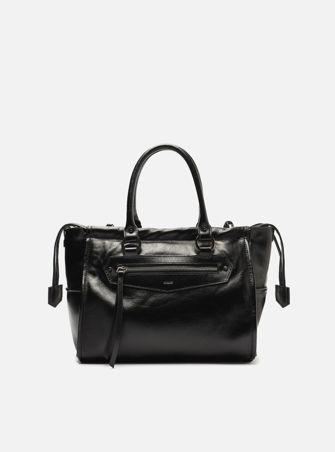 Bolsa Tote Preta Couro Média Bolso Frontal