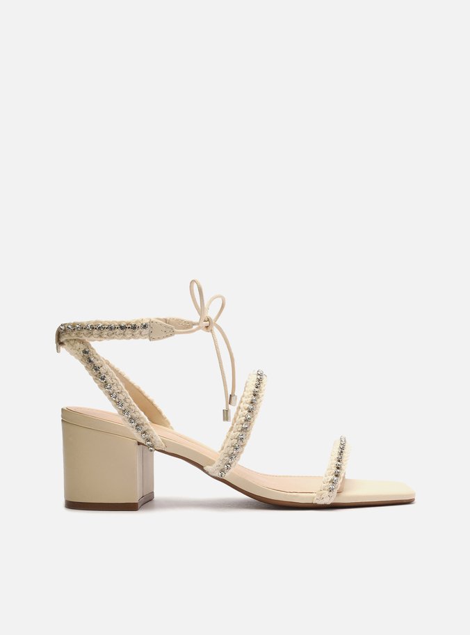 Sandália Off-White Salto Médio Bloco Strass Mykonos