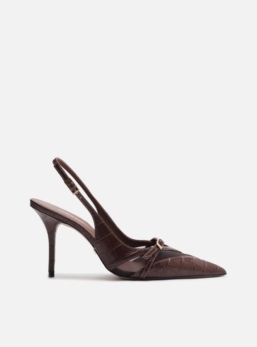 Scarpin Marrom Croco Salto Alto Slingback Tela