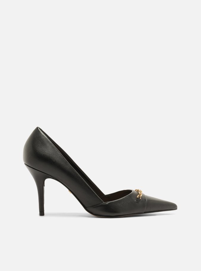 Scarpin Preto Couro Salto Fino Metais