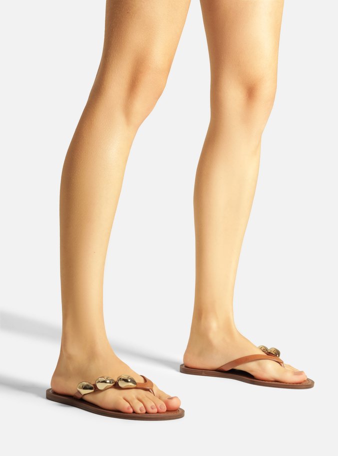 Rasteira Marrom Couro Flip Flop Metais