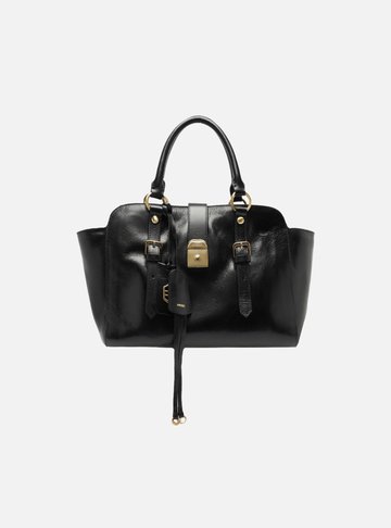 Bolsa Tote Preta Couro Estonado Média Metal