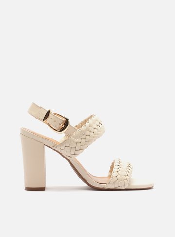 Arezzo — Sandália Off White Salto Alto Bloco Tiras Trançadas