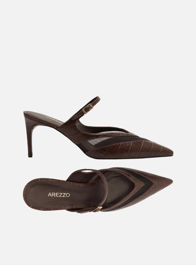 Mule Marrom Croco Salto Médio Fino Tela