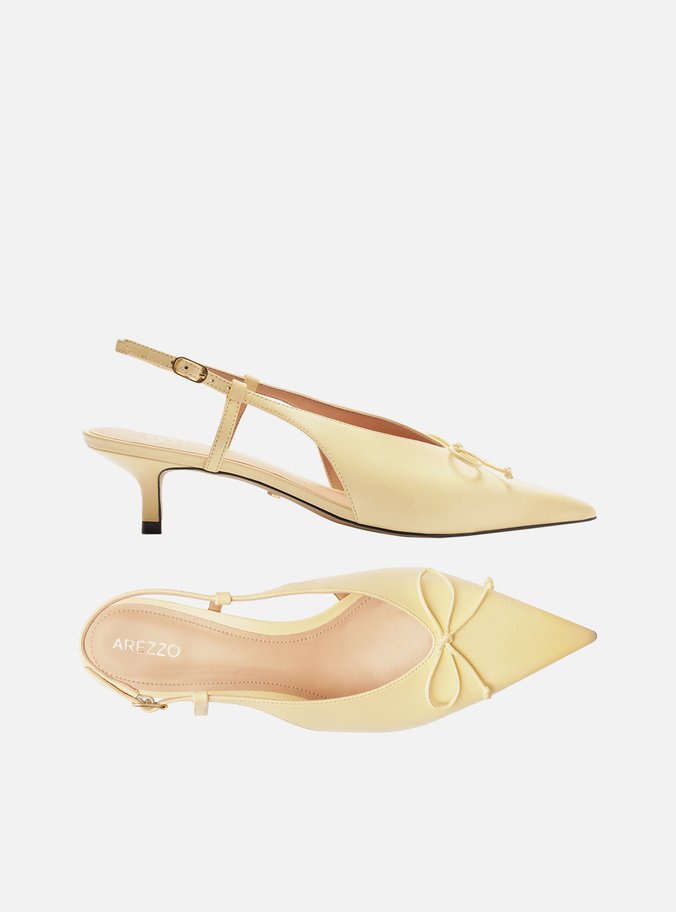 Scarpin Amarelo Couro Bico Fino Slingback Laço