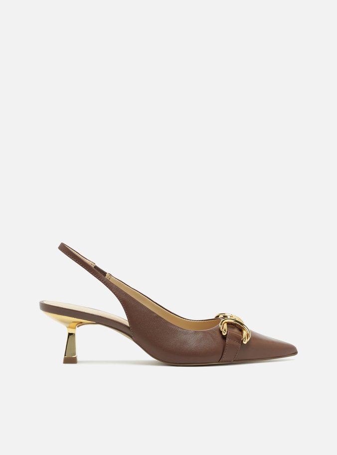 Scarpin Marrom Couro Bico Fino Slingback Bridão