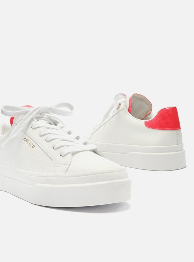 Tênis Branco Couro Bico Redondo Pink