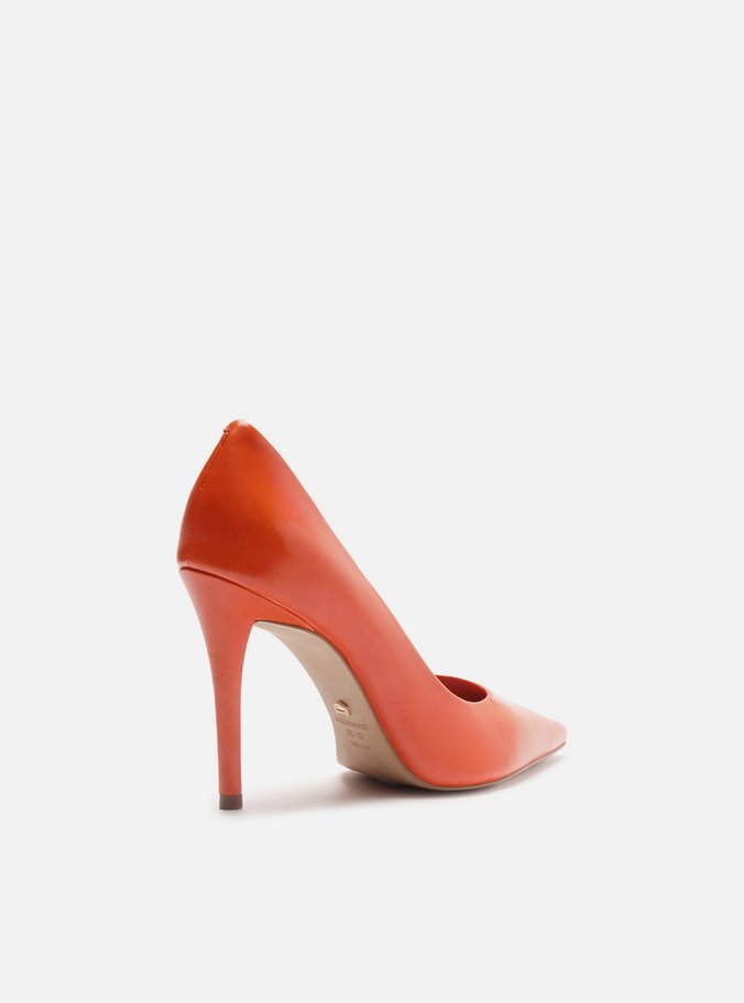 Scarpin Laranja Couro Salto Alto Fino Monocolor