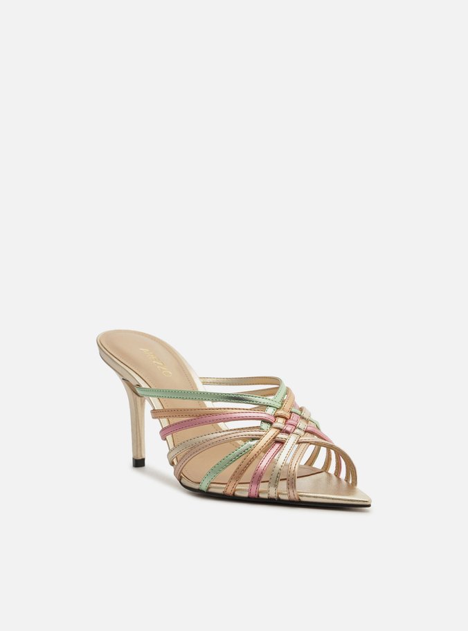 Tamanco Dourado Salto Fino Tiras Mix