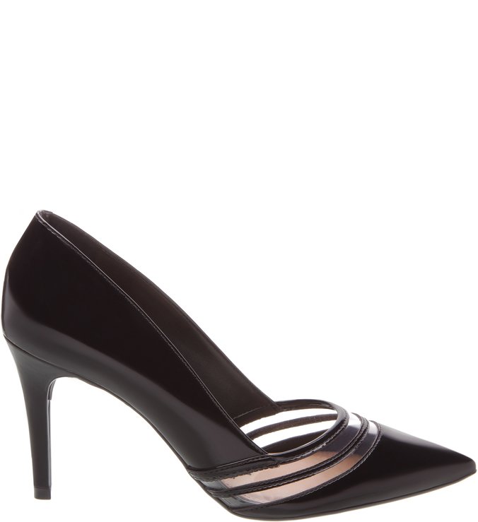 Scarpin Verniz e Vinil Stripes Salto Fino Preto