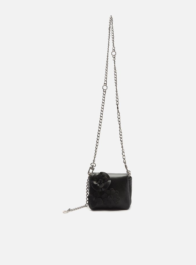 Mini Bag Preta Couro Flores