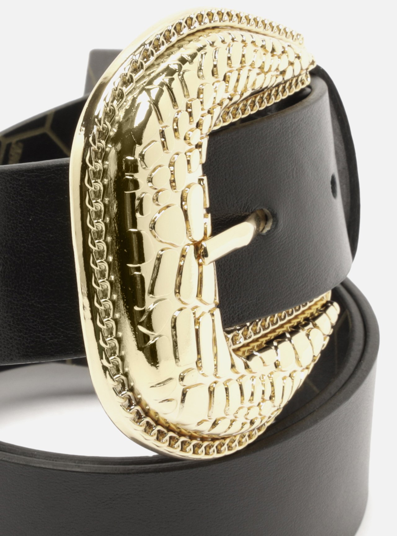 Cinto Preto Couro Fivela Dourada Croco — foto 4