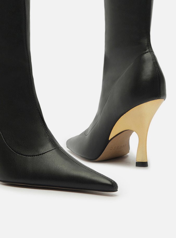 Bota Preta Skinny Cano Longo Salto Dourado