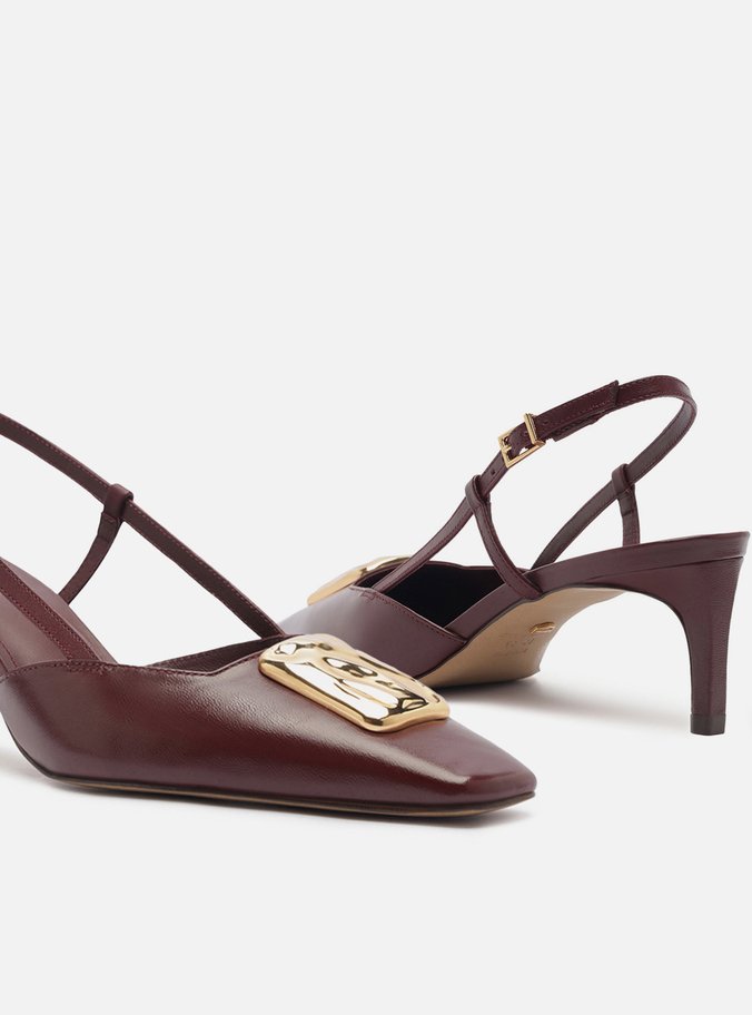 Scarpin Vinho Couro Salto Baixo Slingback Metal