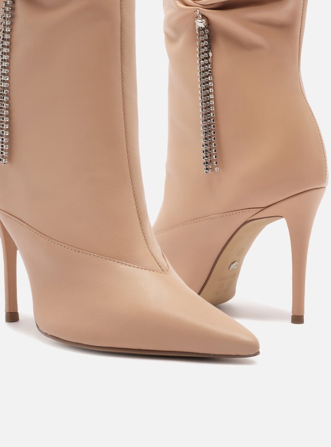 Bota Nude Couro Cano Médio Salto Fino