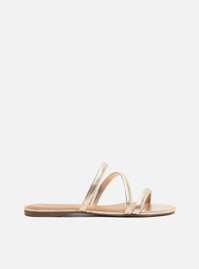 Sandália Rasteira Dourada Bico Redondo Tiras