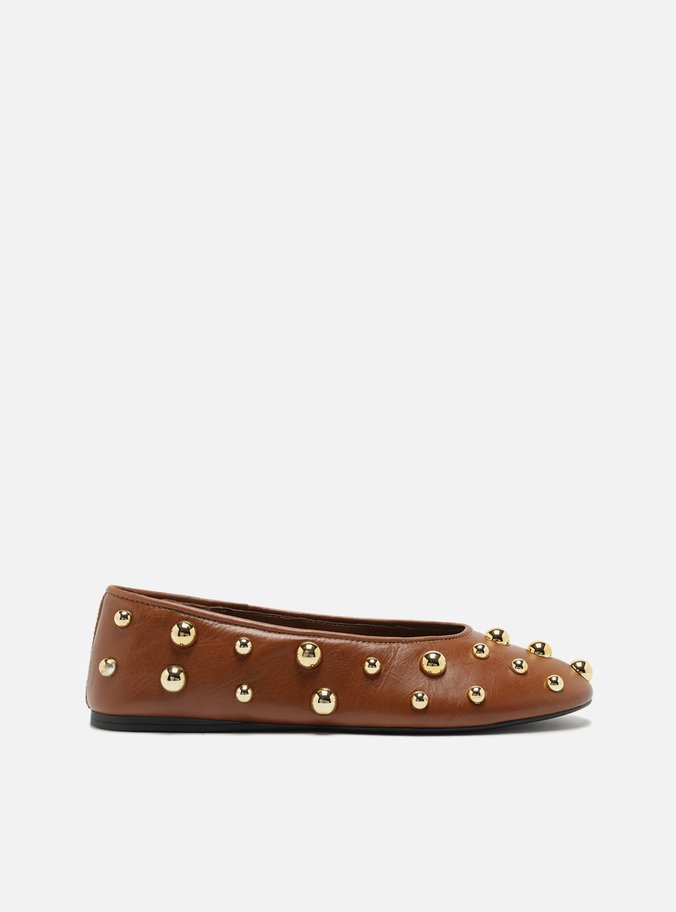 Sapatilha Marrom Couro Bico Redondo Studs