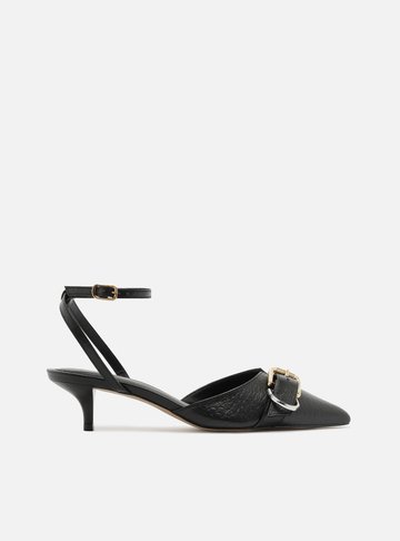 Scarpin Preto Couro Salto Kitten Aberto Fivela