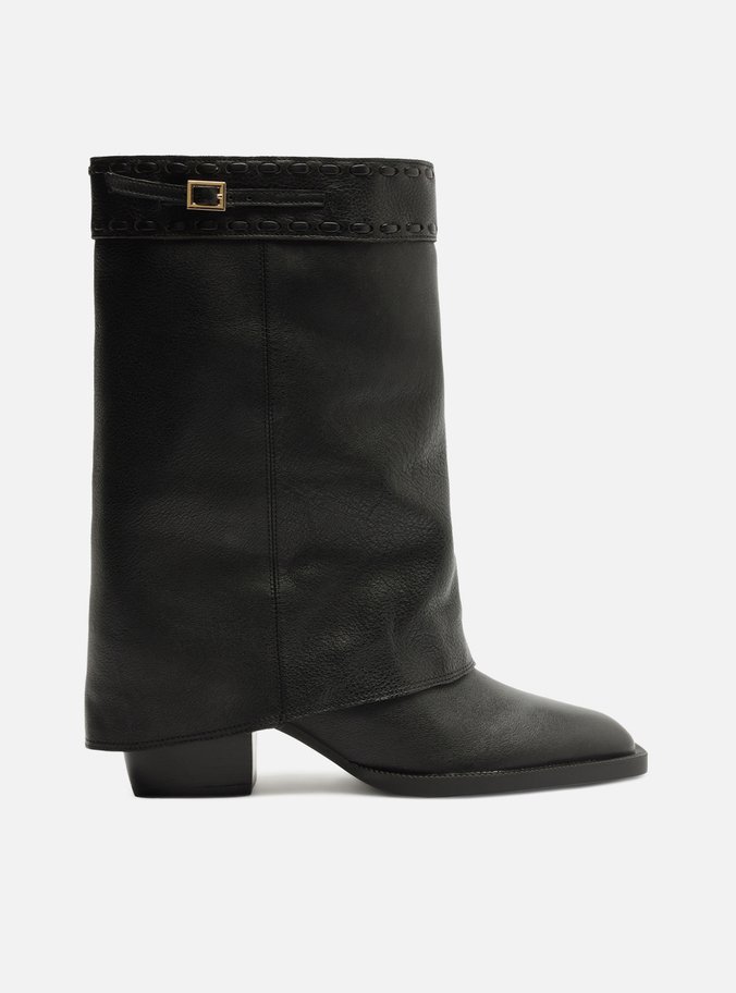 Bota Preta Couro Cano Curto Polaina Folk