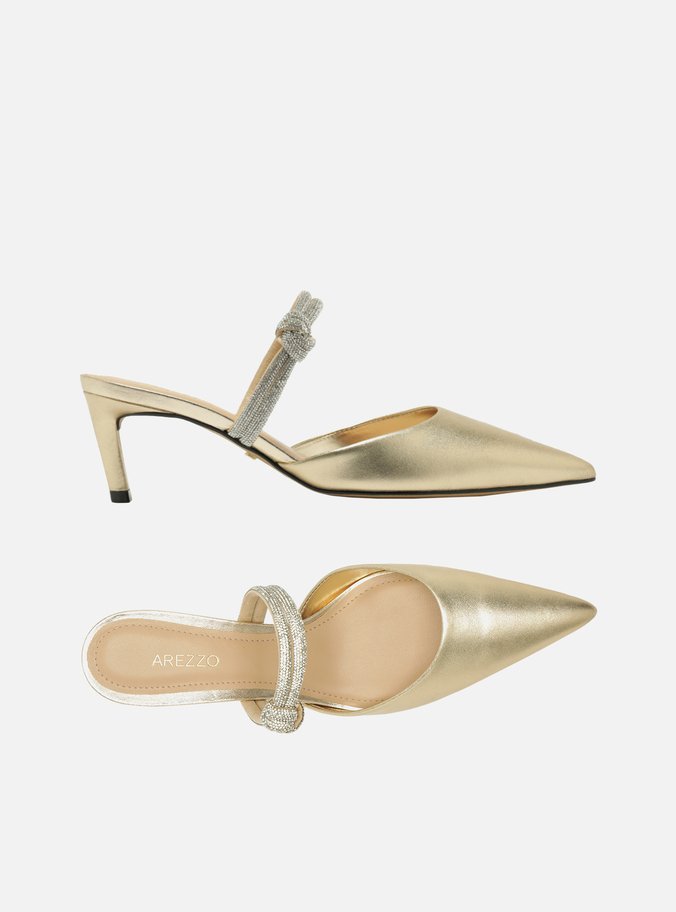 Scarpin Dourado Couro Aberto Tiras Strass