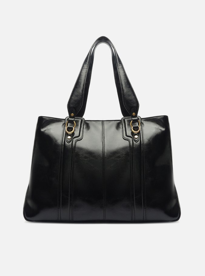 Bolsa Shopping Preta Média Metais Dourados