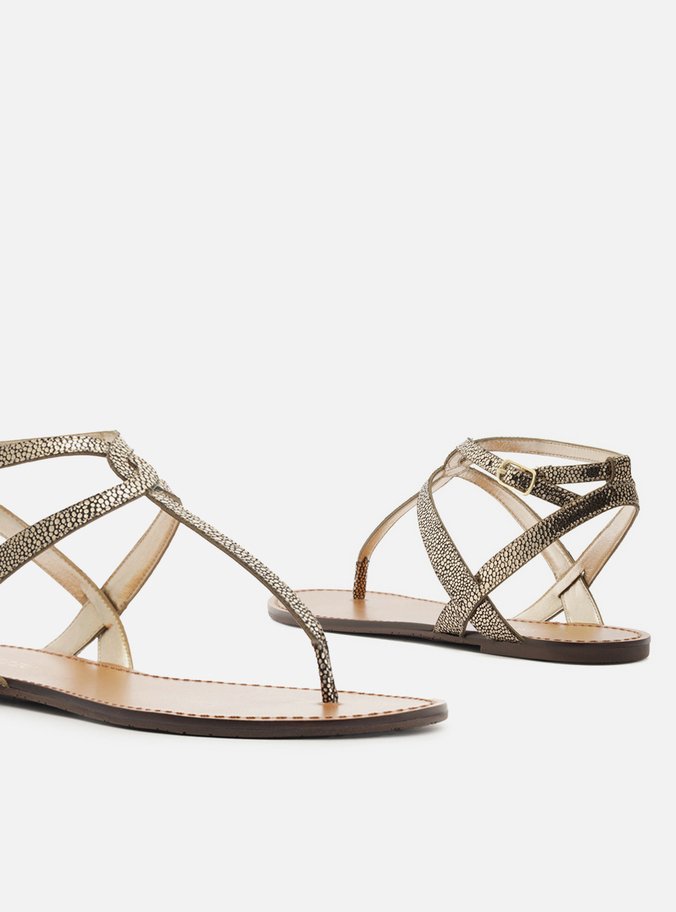 Sandália Rasteira Dourada Craquelê Slim Cross