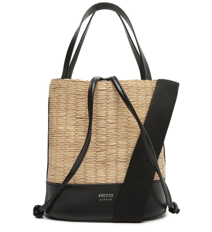 Bolsa Bucket Preta Palha Flora Média