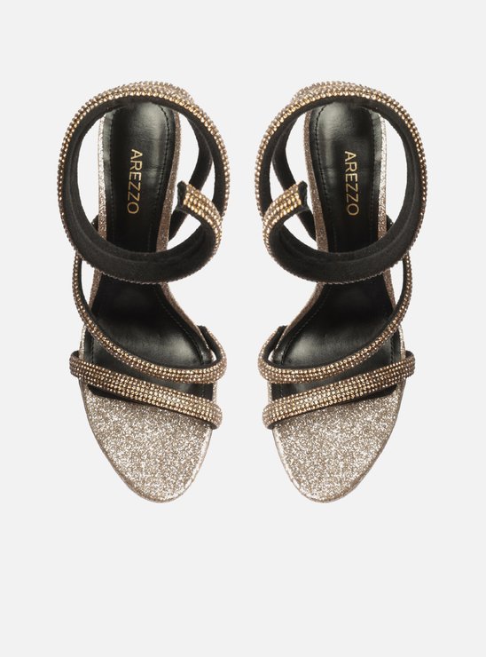 Sandália Dourada Salto Fino Espiral Glitter Strass Gigi