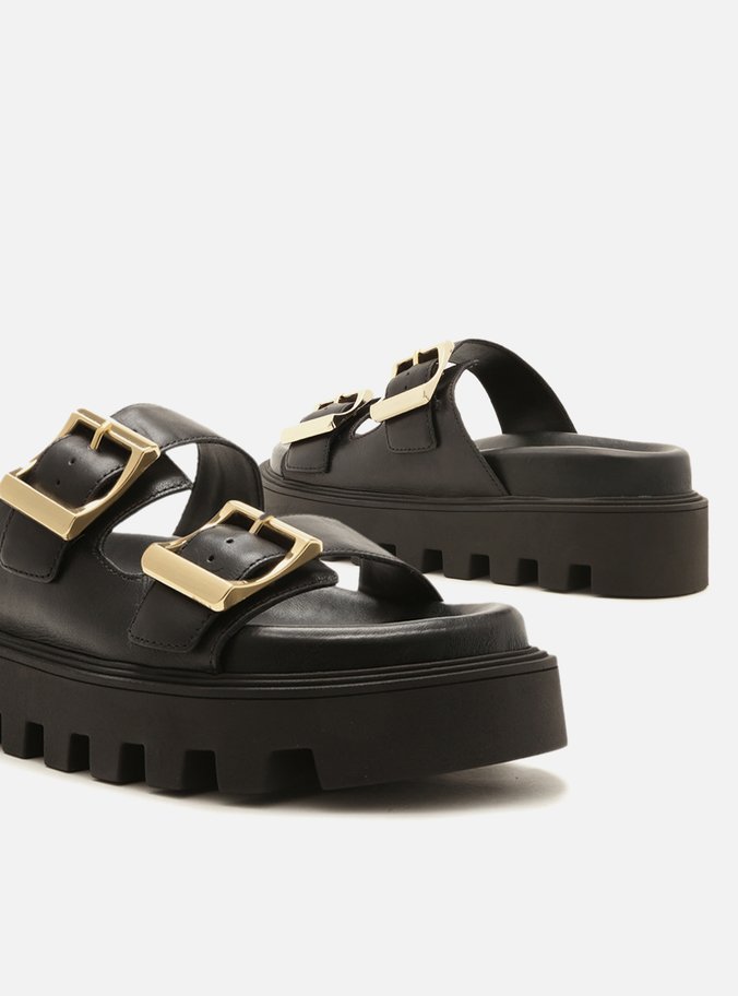 Sandália Preta Couro Flatform Tratorada