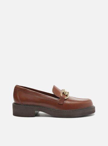 Mocassim Marrom Couro Salto Bloco Bridão