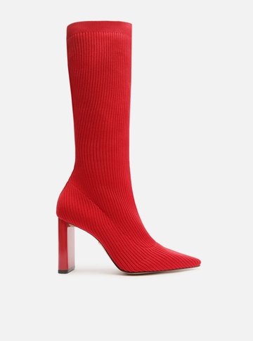 Bota Skinny Vermelha Knit Cano Longo Salto Bloco