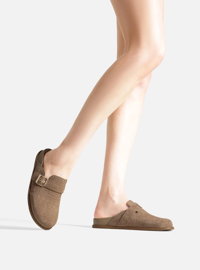 Mule Clog Cinza Acamurçada Croco Fivela