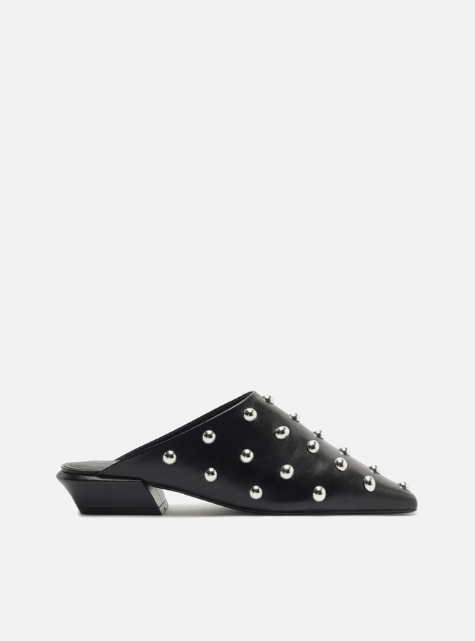 Mule Fechado Preto Couro Strass