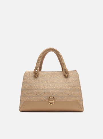 Bolsa Tote Bege Tramado Couro Média Metal