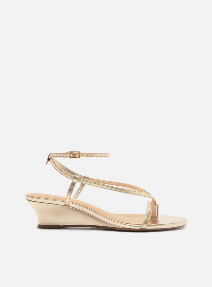 Sandália Dourada Salto Baixo Anabela Tiras Finas