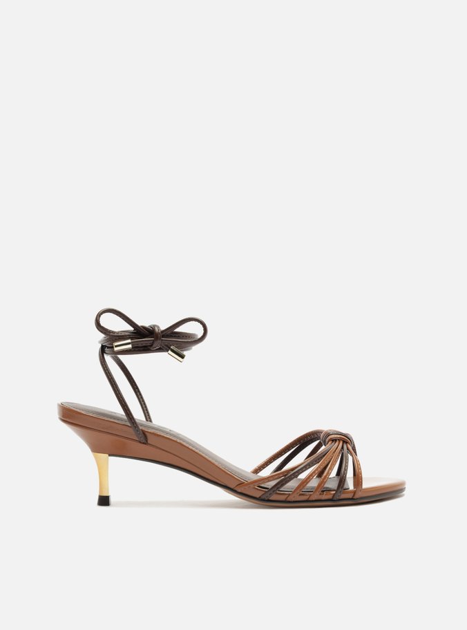 Sandália Marrom Couro Salto Médio Fino Amarração