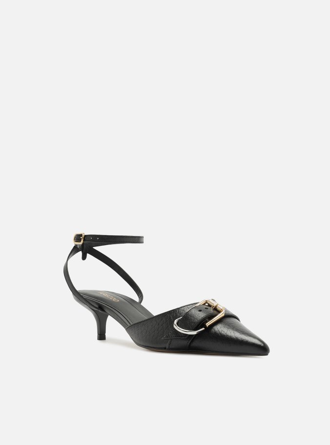 Scarpin Preto Couro Salto Kitten Aberto Fivela